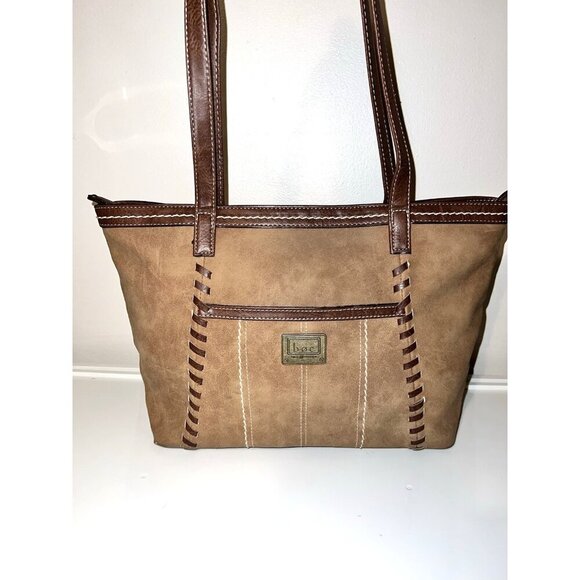 BOC Brown Faux Leather Double Handles Top Zipper Stitched Tote Bag - Picture 2 of 16